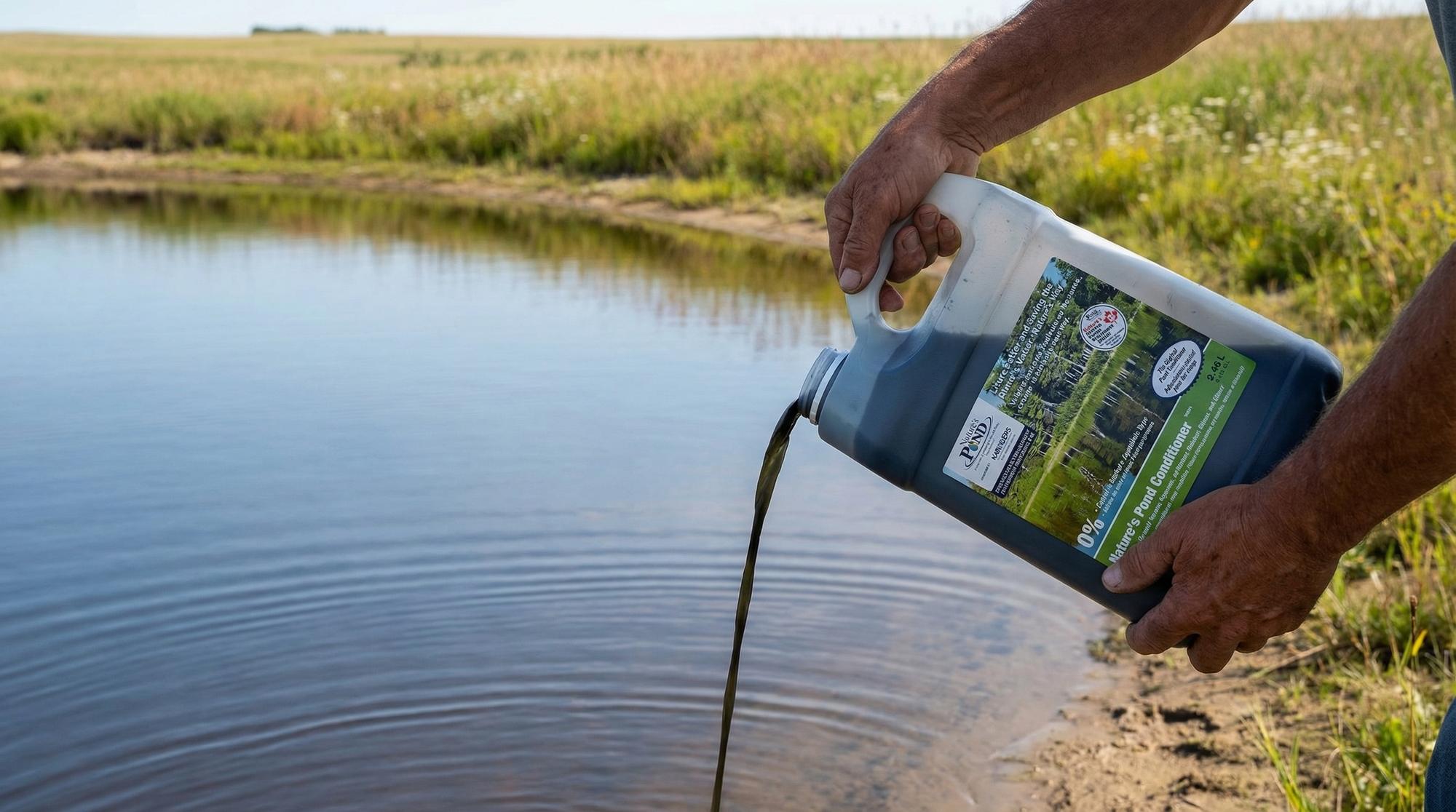 Pouring pond conditioner into the water