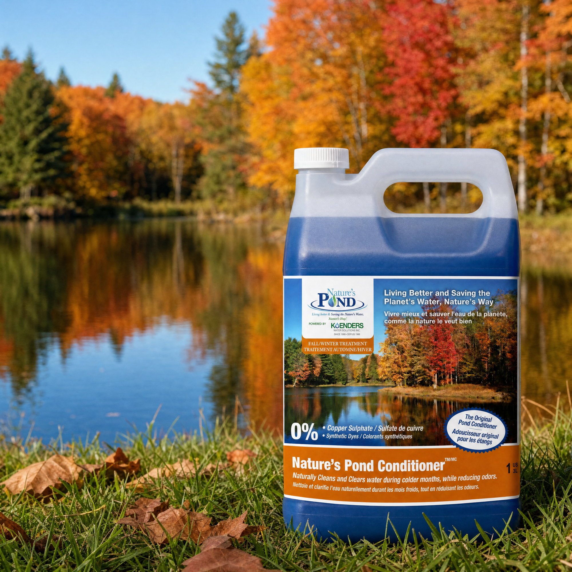 Nature's Pond Fall & Winter Conditioner beside a pond with autumn foliage