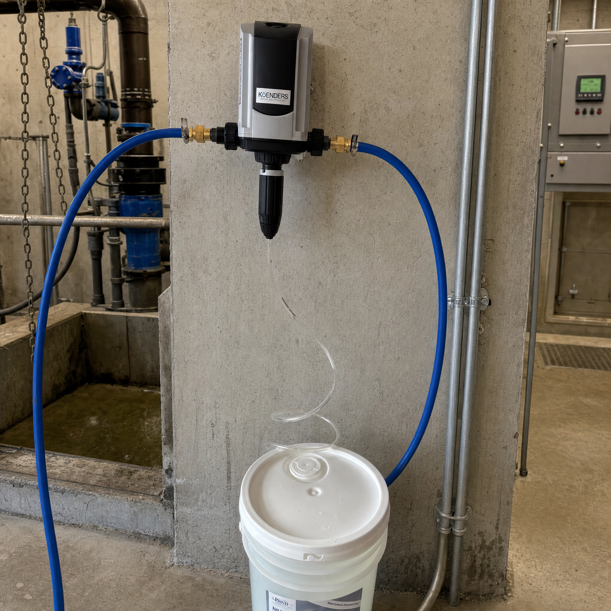 The patented Koenders lift-station cleaning unit wall-mounted at a municipal lift station, drawing concentrate from a pail below