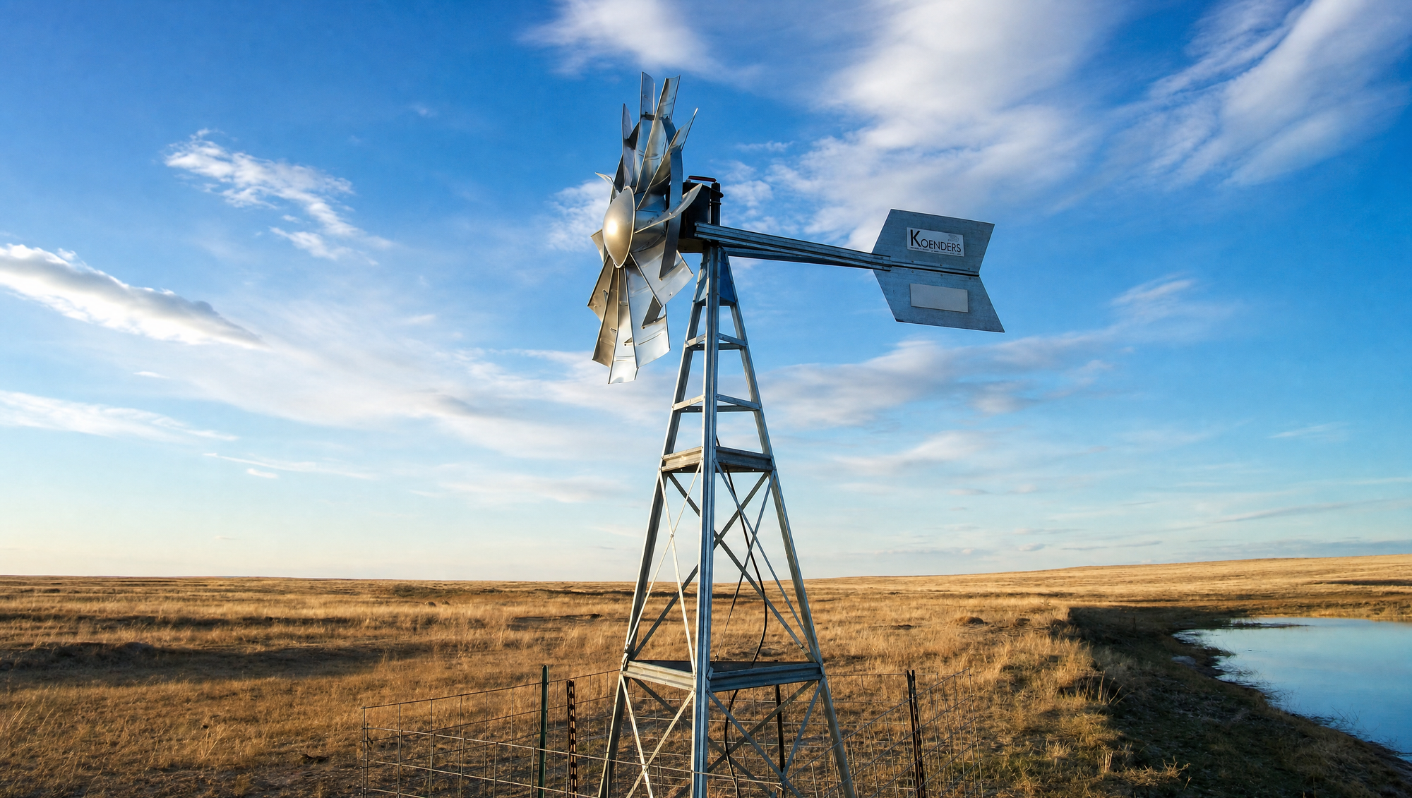 A classic multi-blade farm windmill aerator beside a calm prairie dugout pond at golden hour
