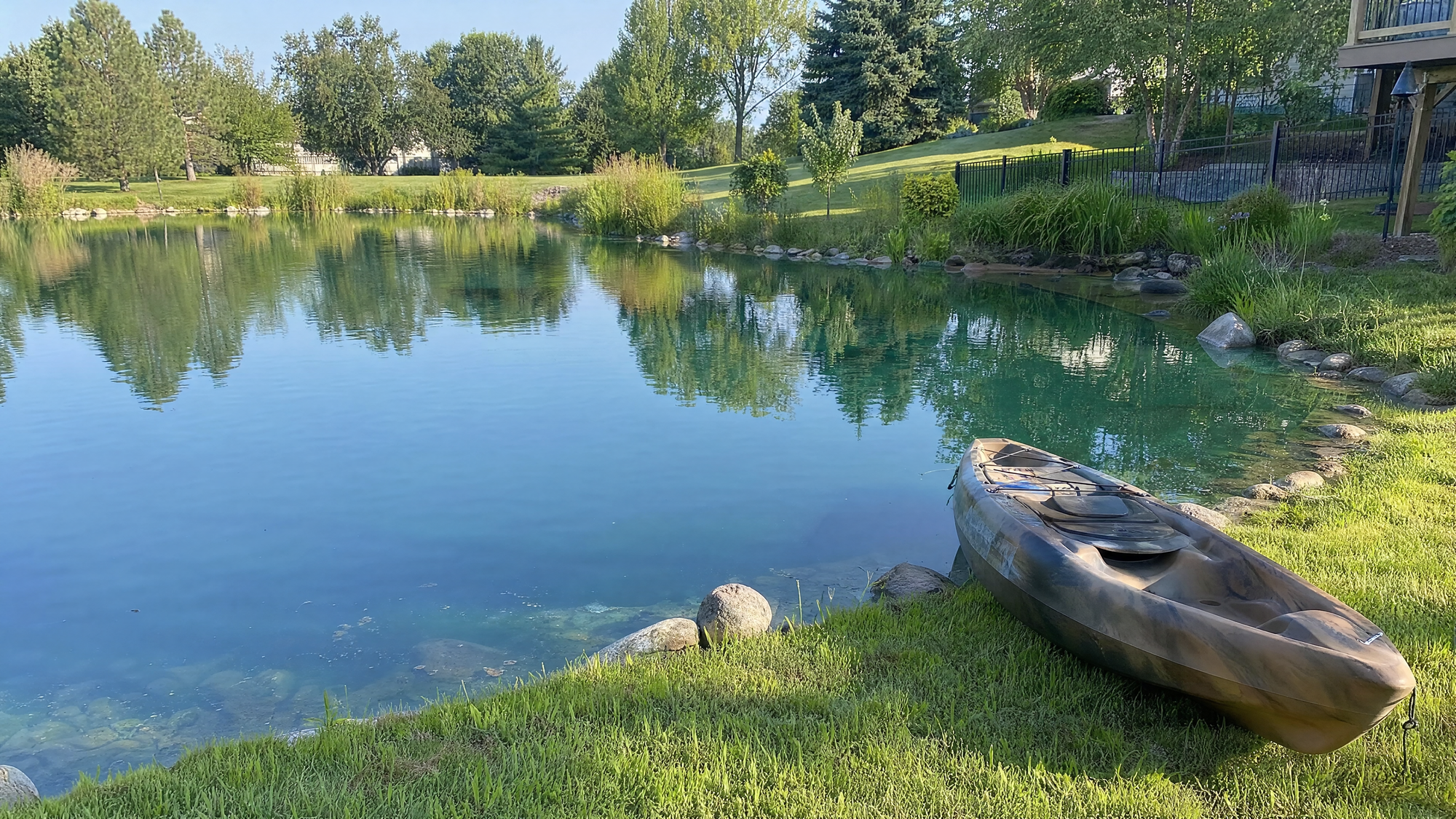 A clear, healthy natural backyard pond with lily pads and clean reflective water