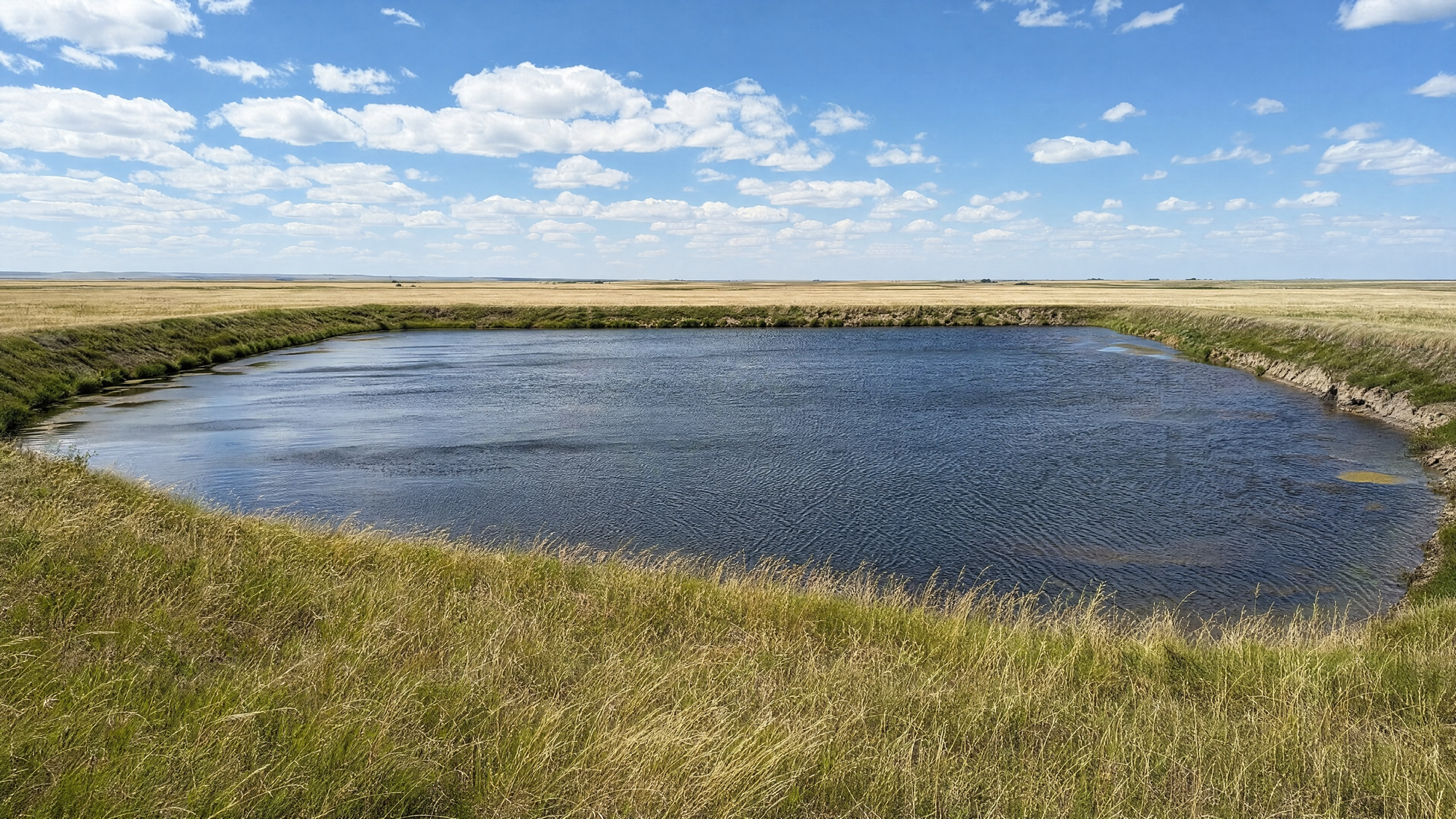 A clean acreage pond on a prairie property at golden hour