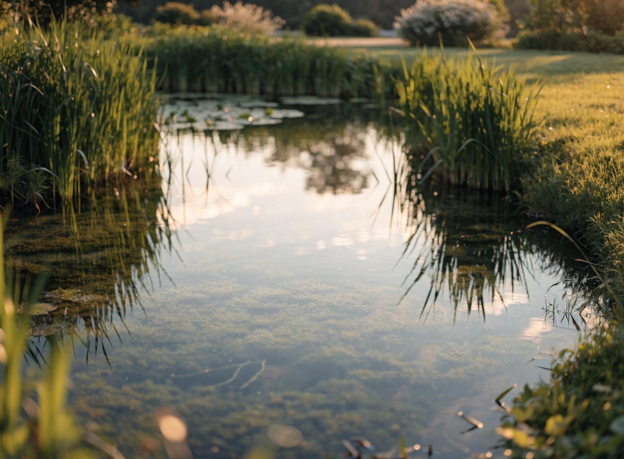 A backyard pond at golden hour