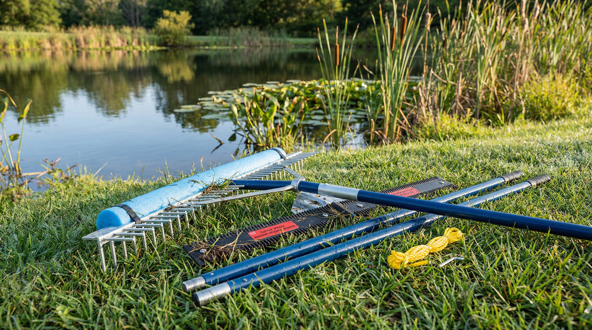 Clearing pond weeds and algae with a cutter rake