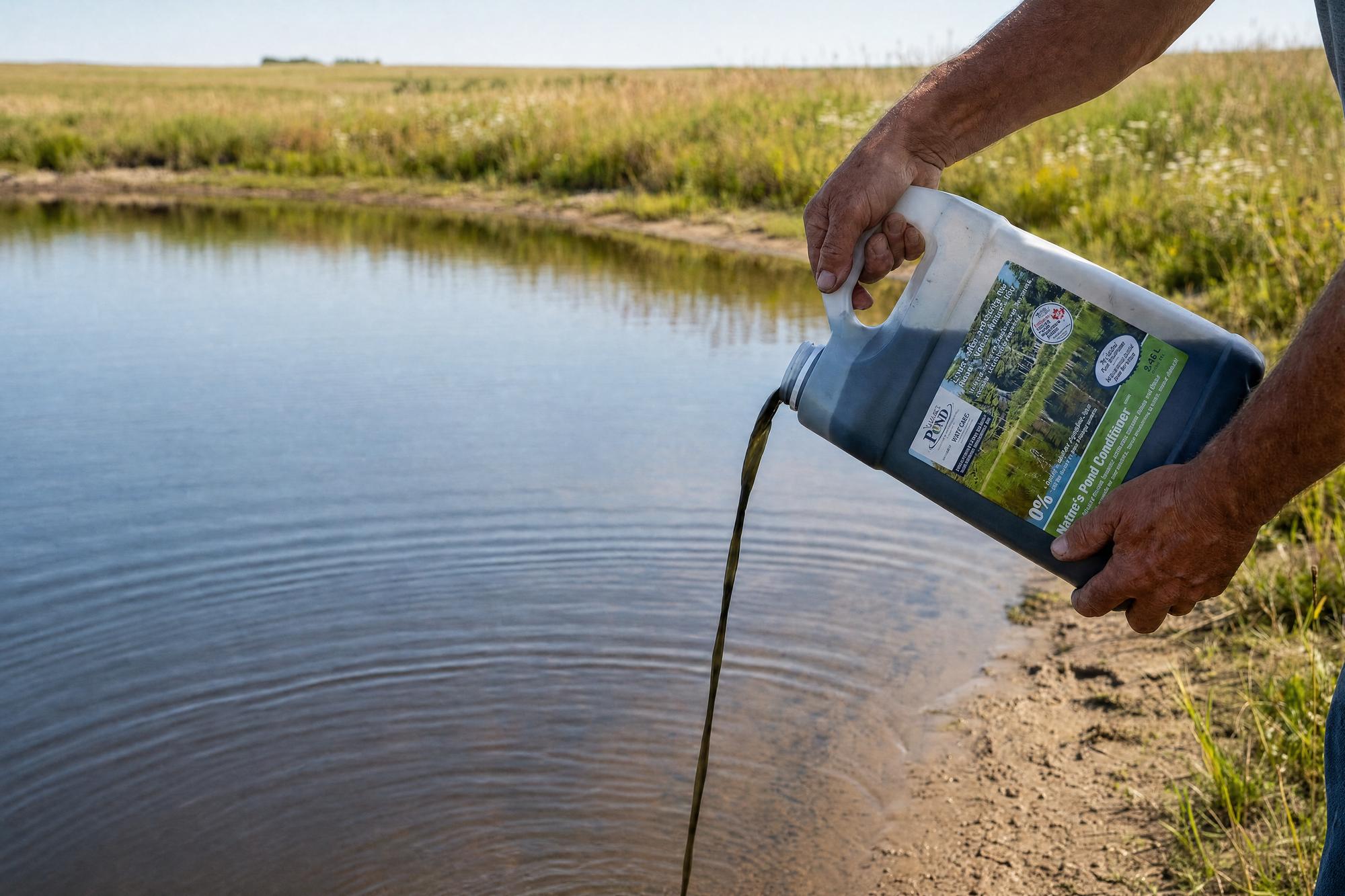 Pouring pond conditioner into a healthy pond
