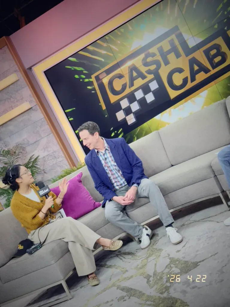 Adam Growe, host of Cash Cab, rehearsing for The Social.
