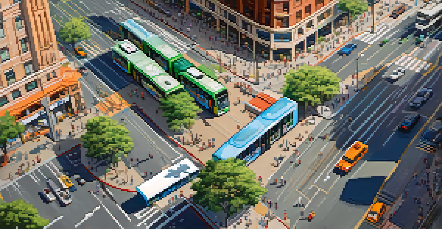 An overhead view of a busy intersection in Phoenix with buses, cars, cyclists, and green spaces, highlighting urban life and sustainability.