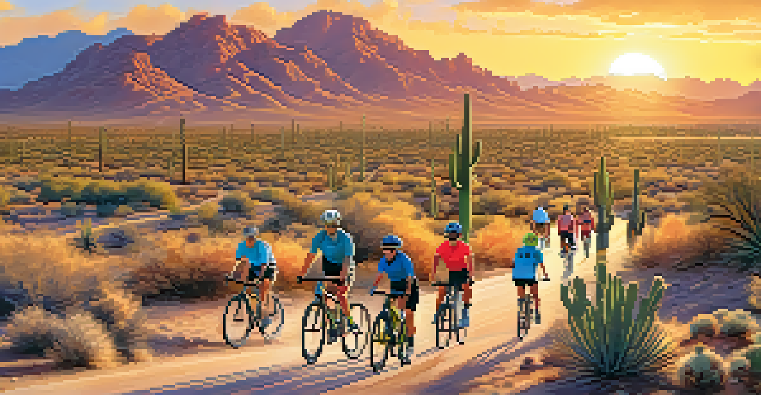 A diverse group of people cycling outdoors on a scenic trail with desert scenery and mountains in the background during sunset.