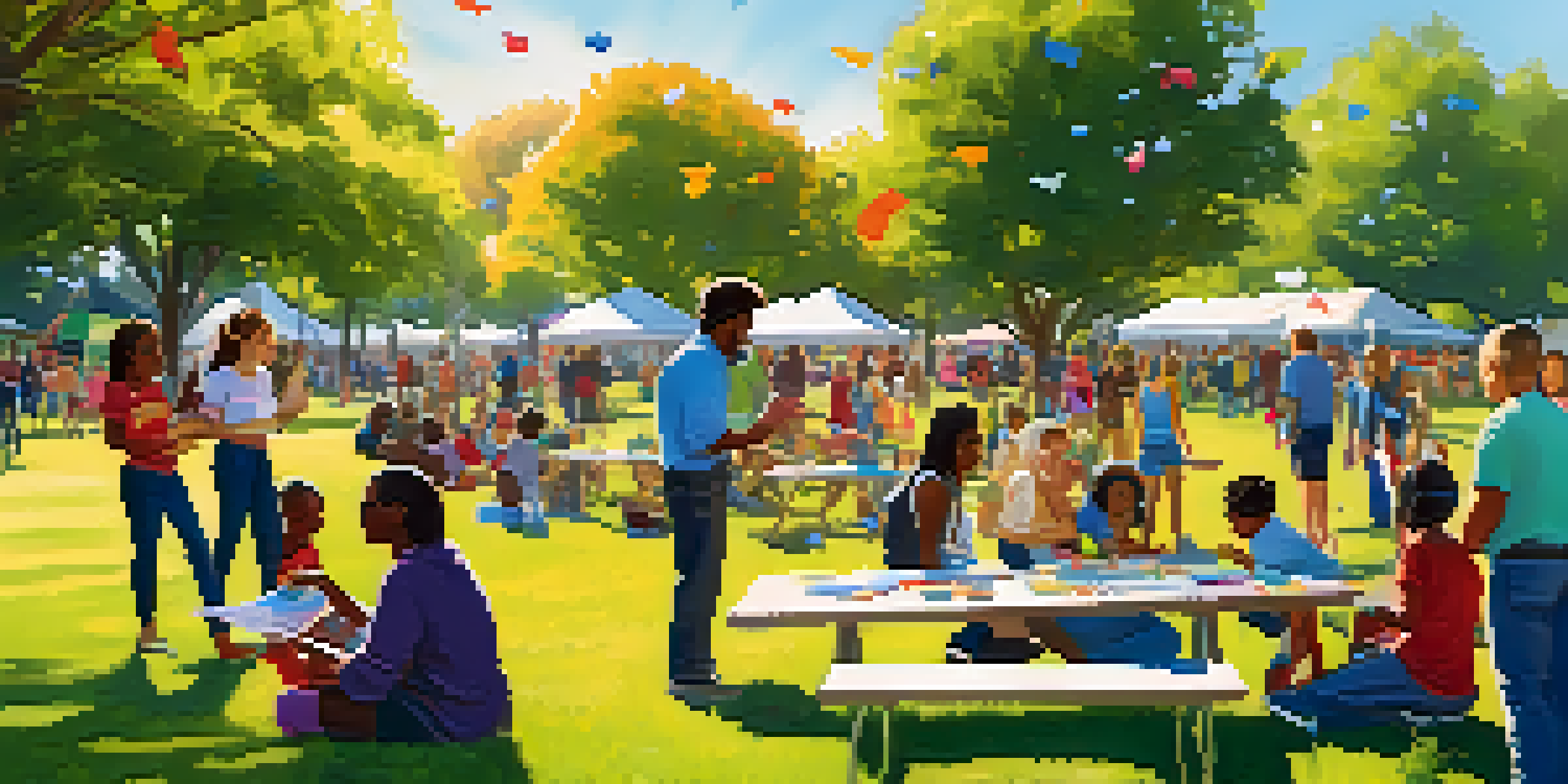 A lively community engagement event in a Phoenix park with diverse residents participating in workshops under bright sunlight.