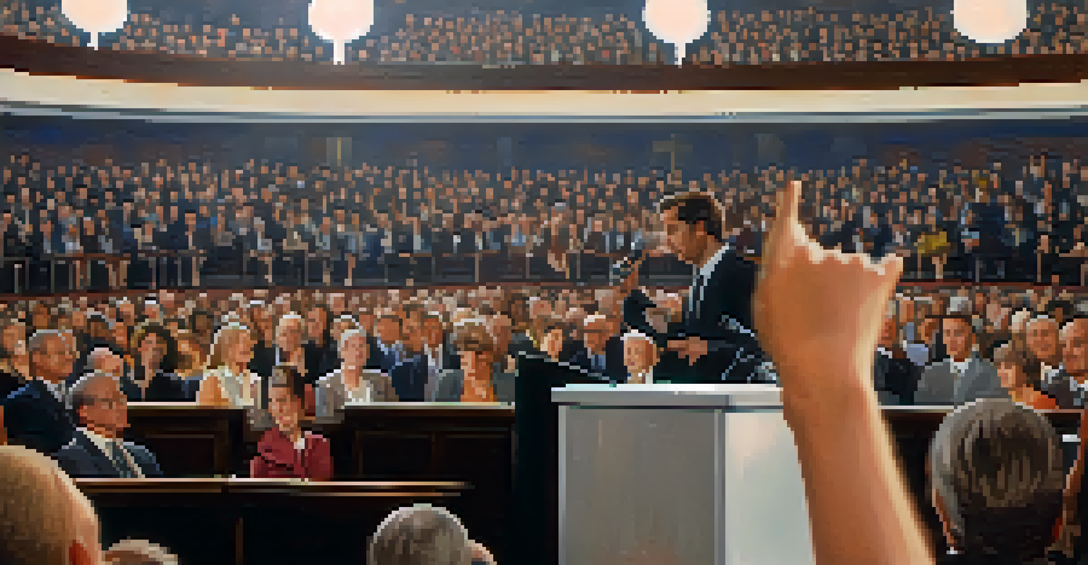 Close-up of a speaker's hands gesturing during a speech with a blurred audience in the background.
