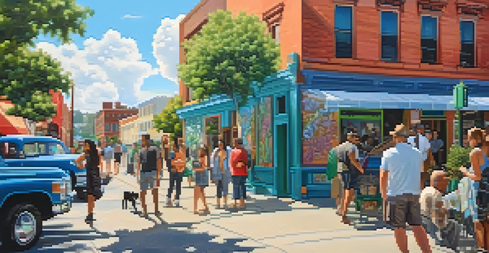 A lively street scene in Roosevelt Row with colorful murals and people admiring the art.