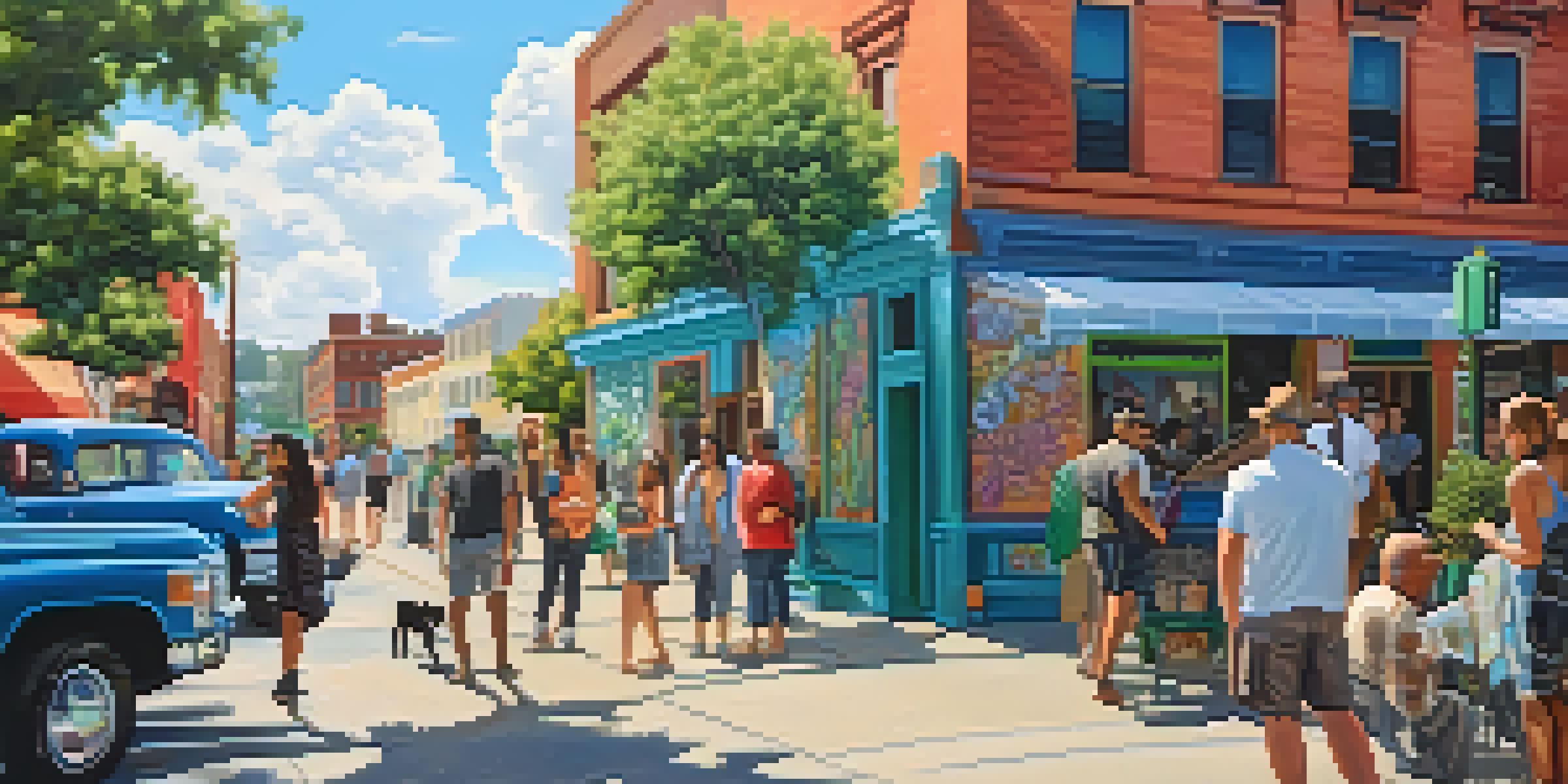 A lively street scene in Roosevelt Row with colorful murals and people admiring the art.