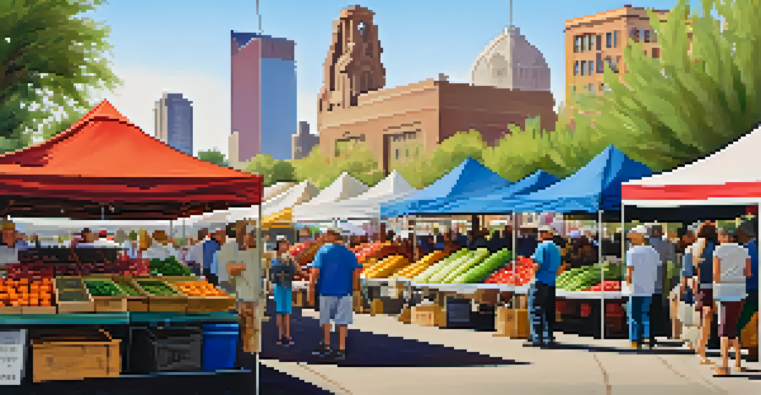 A lively farmers market in Phoenix with colorful tents and vendors selling fresh produce, against a city skyline.