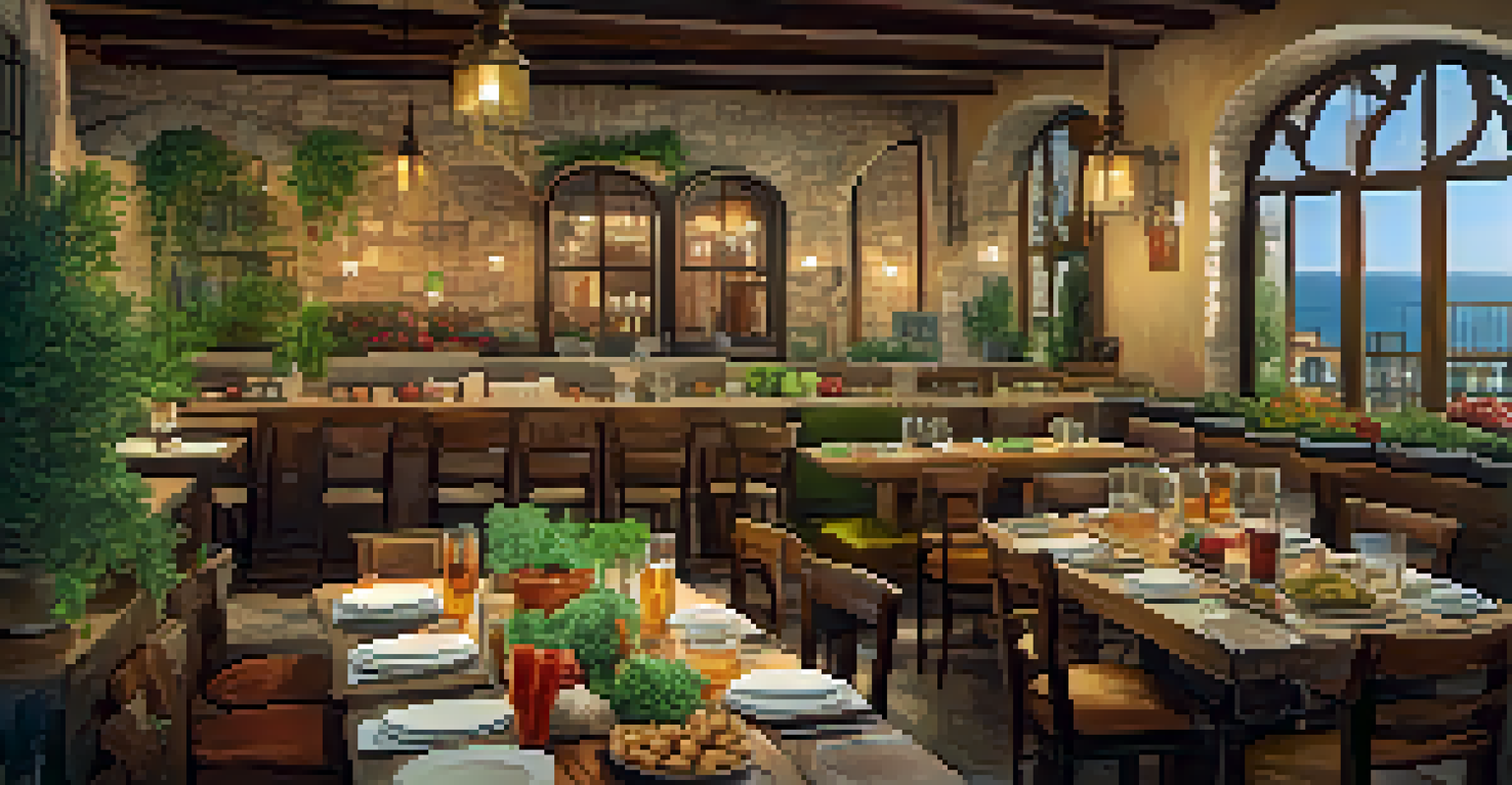 A warm Mediterranean restaurant with a communal table filled with colorful dishes and fresh ingredients.