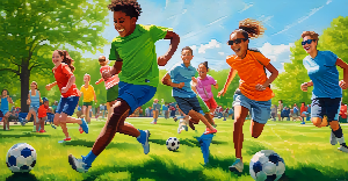 A group of friends playing soccer in a park on a sunny day, with laughter and excitement visible.