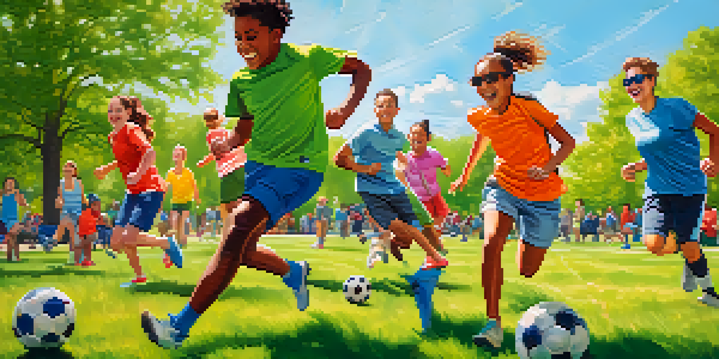 A group of friends playing soccer in a park on a sunny day, with laughter and excitement visible.