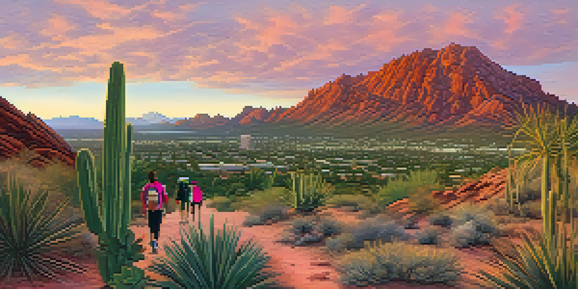 A scenic view of Camelback Mountain at sunrise with hikers on a trail surrounded by desert plants.