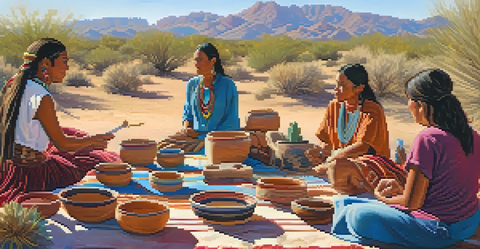 A group of Native American artists demonstrating pottery-making at a cultural festival in Phoenix, with colorful crafts and a desert landscape in the background.