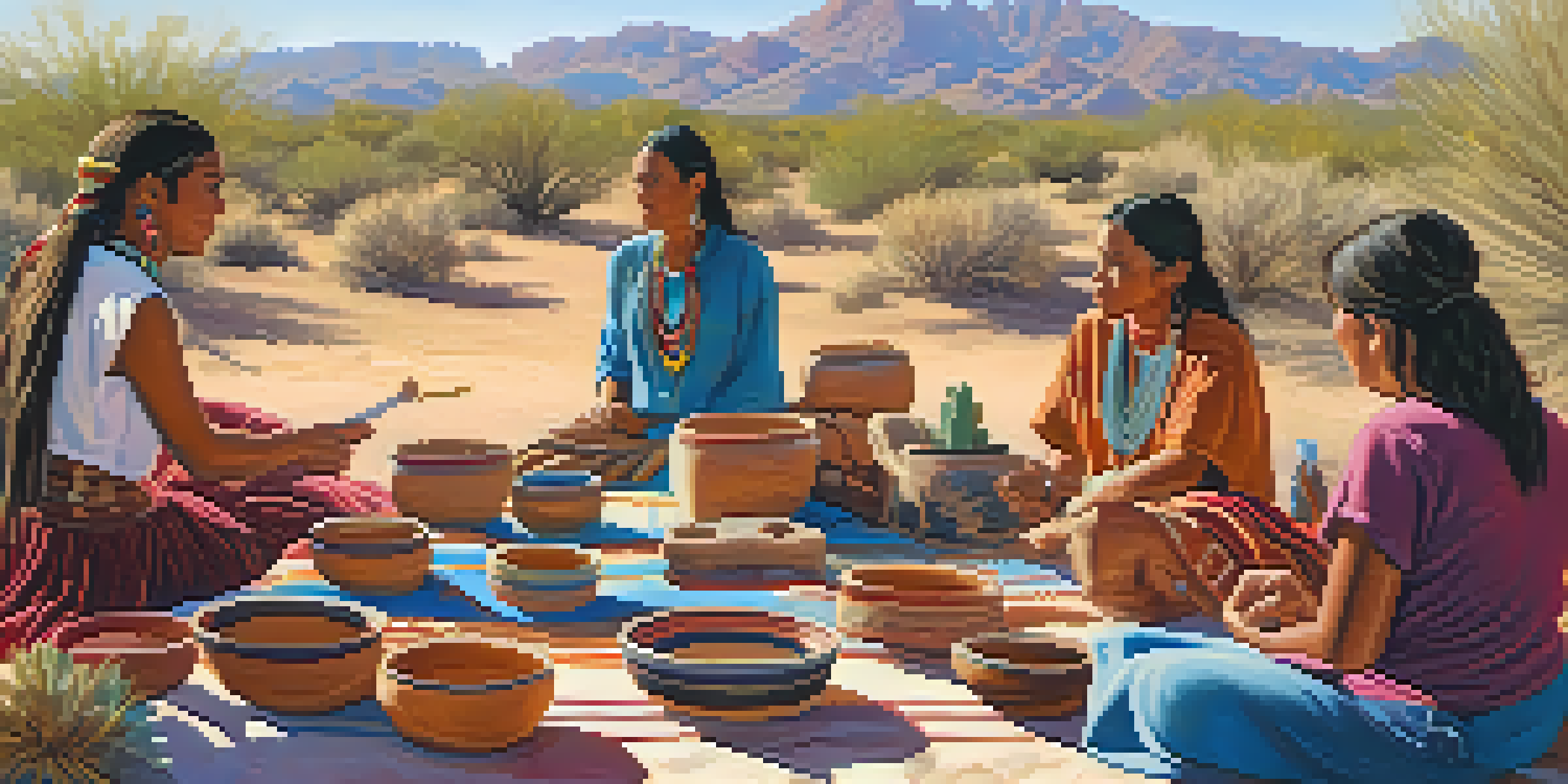 A group of Native American artists demonstrating pottery-making at a cultural festival in Phoenix, with colorful crafts and a desert landscape in the background.