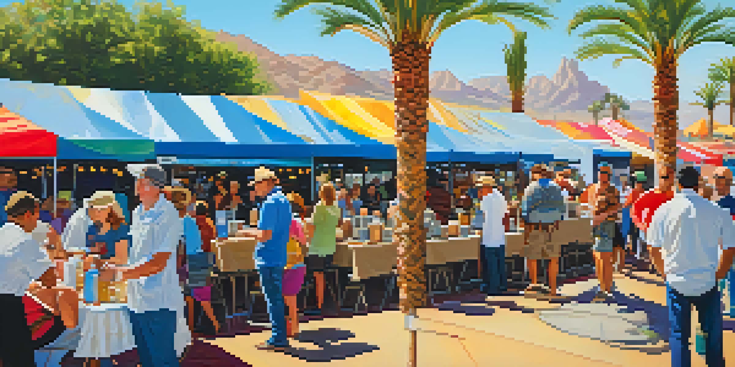 A lively outdoor coffee festival in Phoenix with colorful tents and attendees tasting coffee under a clear blue sky.
