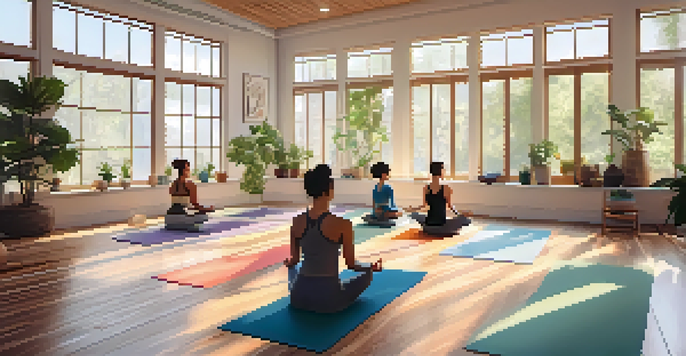 A peaceful yoga studio with natural wood floors, sunlight streaming through large windows, and a diverse group practicing yoga on colorful mats.