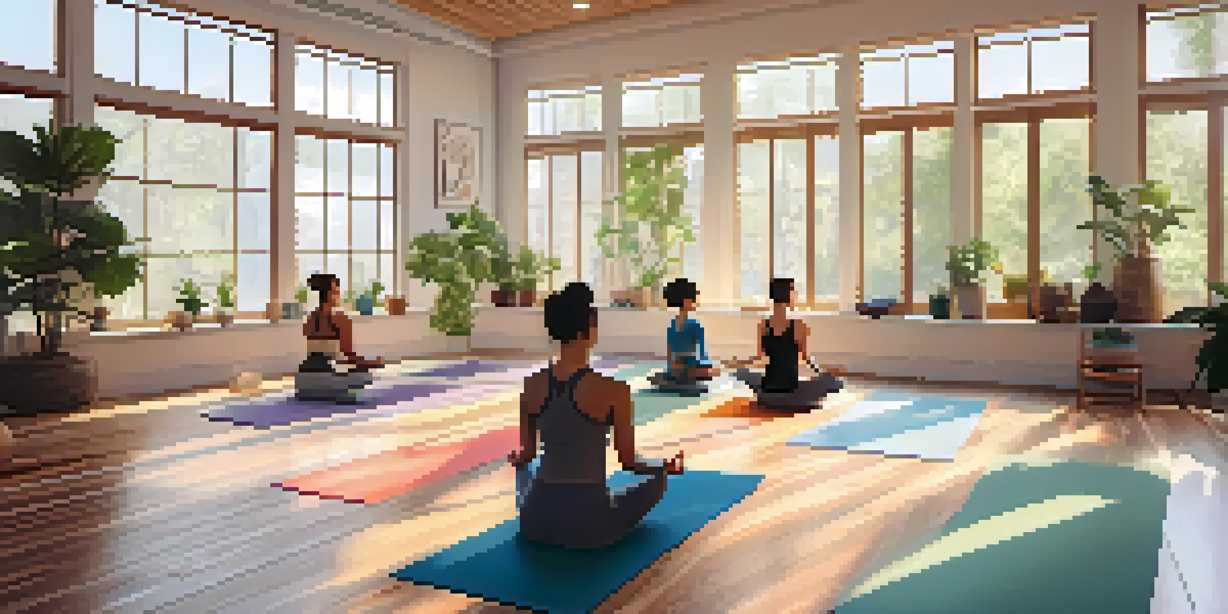 A peaceful yoga studio with natural wood floors, sunlight streaming through large windows, and a diverse group practicing yoga on colorful mats.