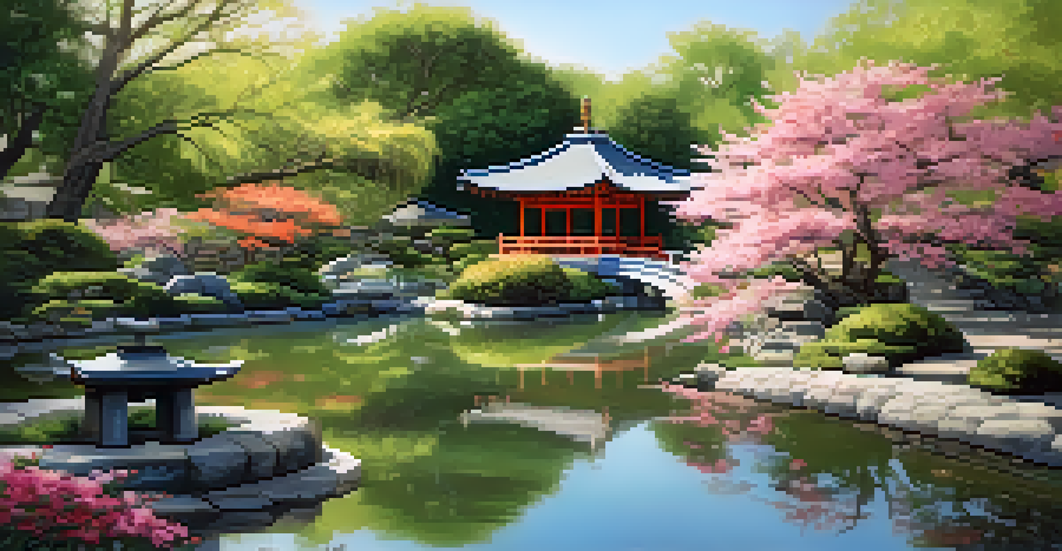 A peaceful scene of the Japanese Friendship Garden with a koi pond, stone lanterns, and cherry blossoms reflecting on the water.