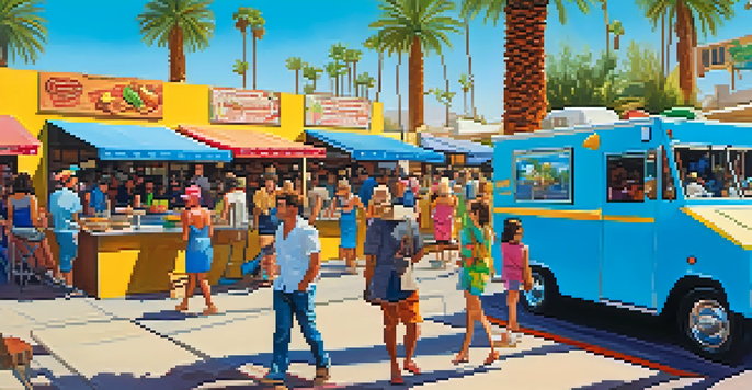 A lively food truck festival in Phoenix with colorful trucks and people enjoying meals outdoors.