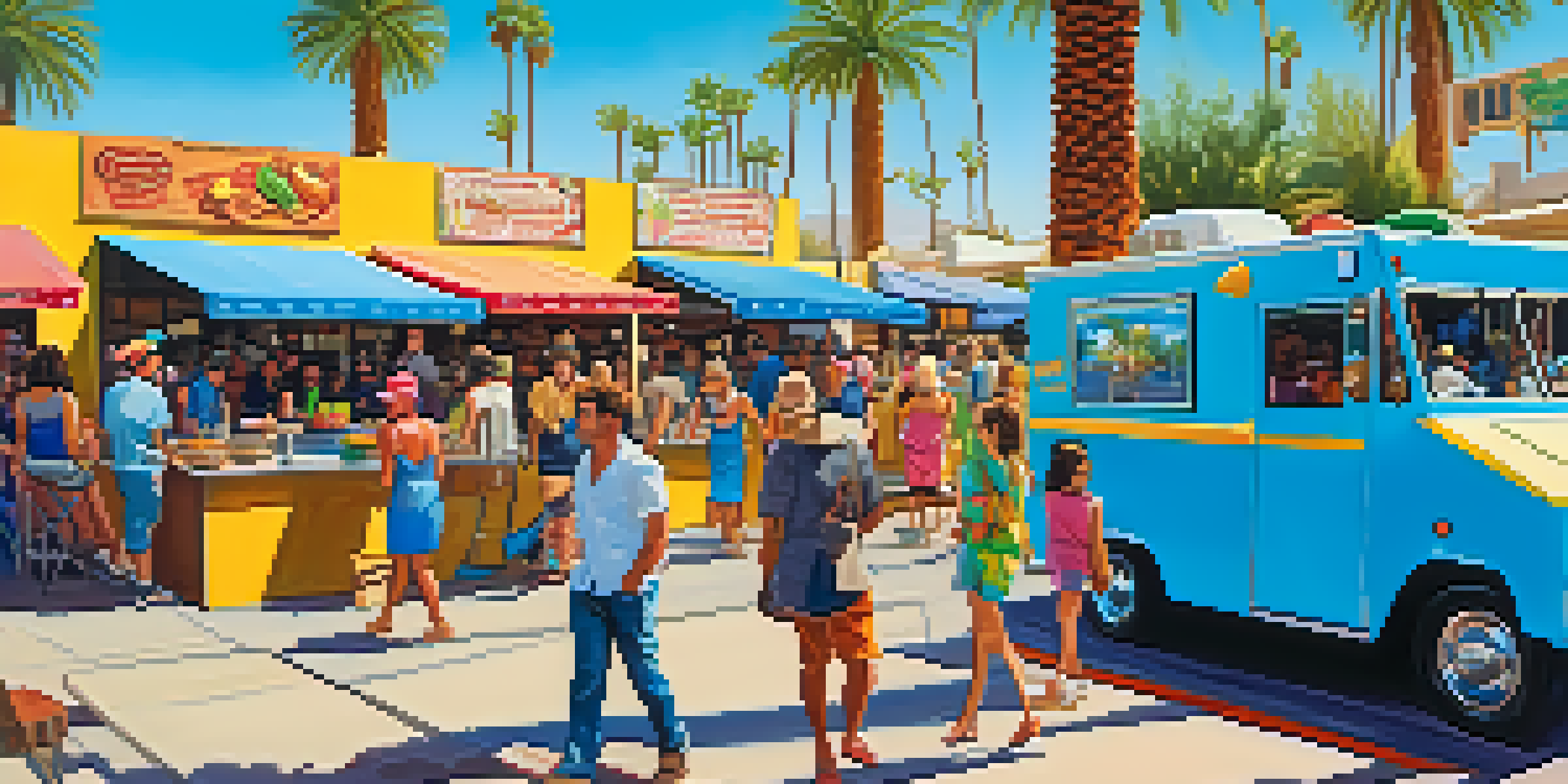 A lively food truck festival in Phoenix with colorful trucks and people enjoying meals outdoors.