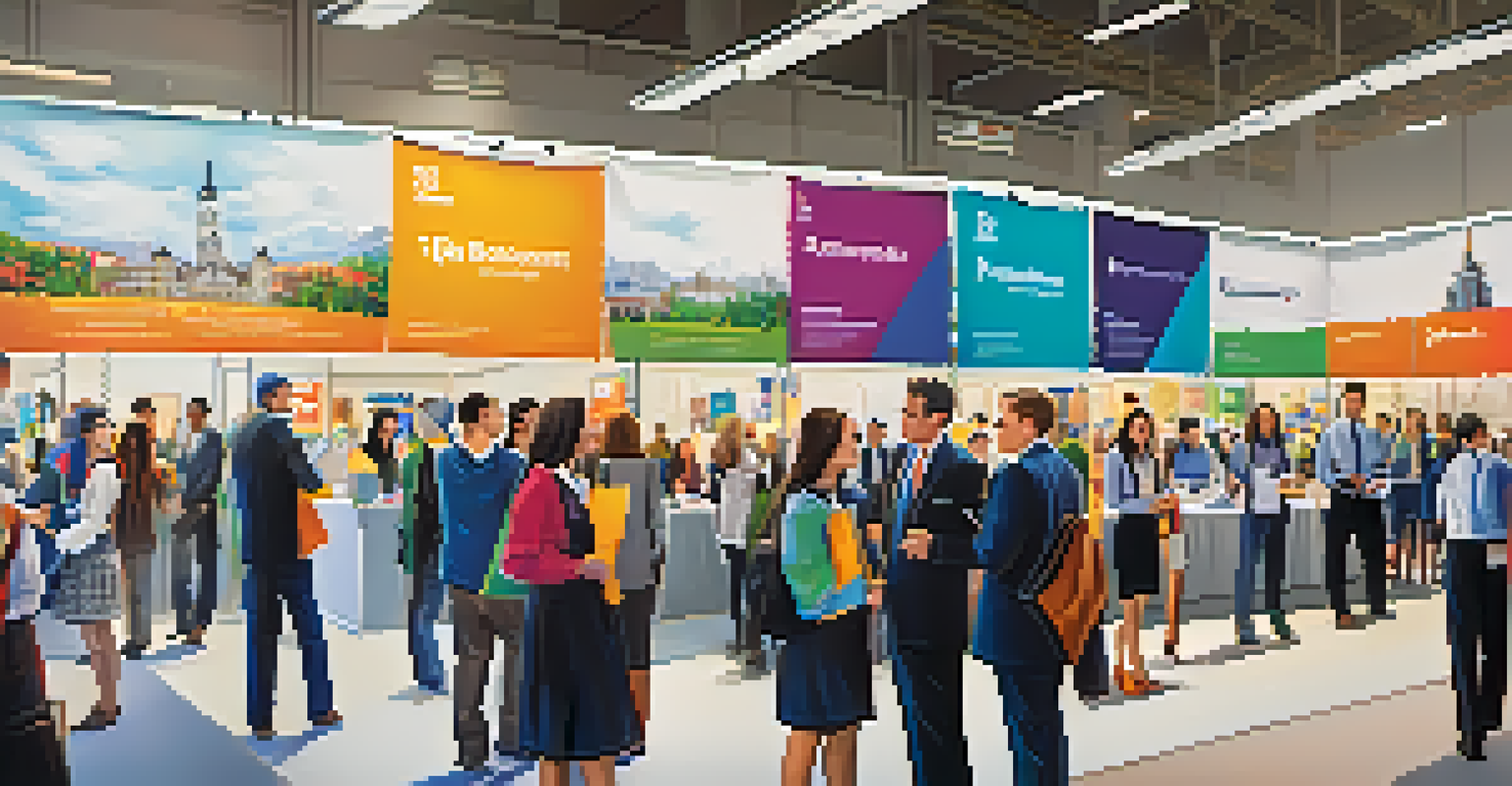 Students in professional attire at a university job fair interacting with employers.