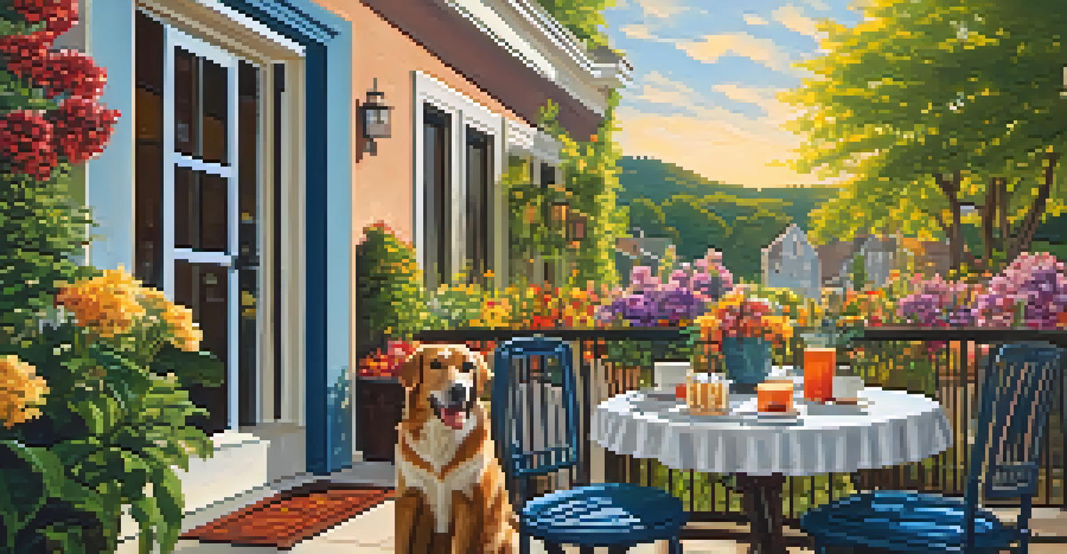 An outdoor patio of a hotel with guests enjoying coffee while their dogs relax underneath the table, surrounded by colorful flowers.