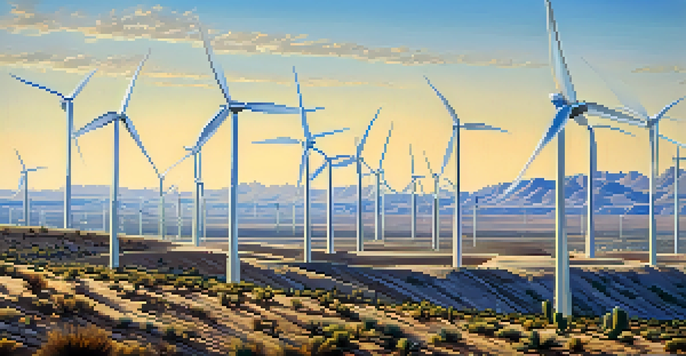 A wide view of several wind turbines in a desert landscape near Phoenix, Arizona, with a clear blue sky and sunlight.