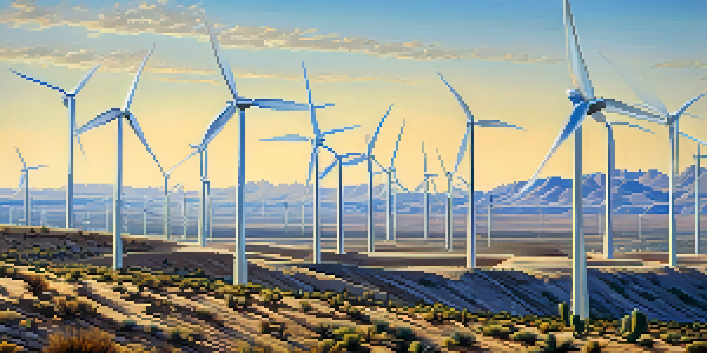 A wide view of several wind turbines in a desert landscape near Phoenix, Arizona, with a clear blue sky and sunlight.