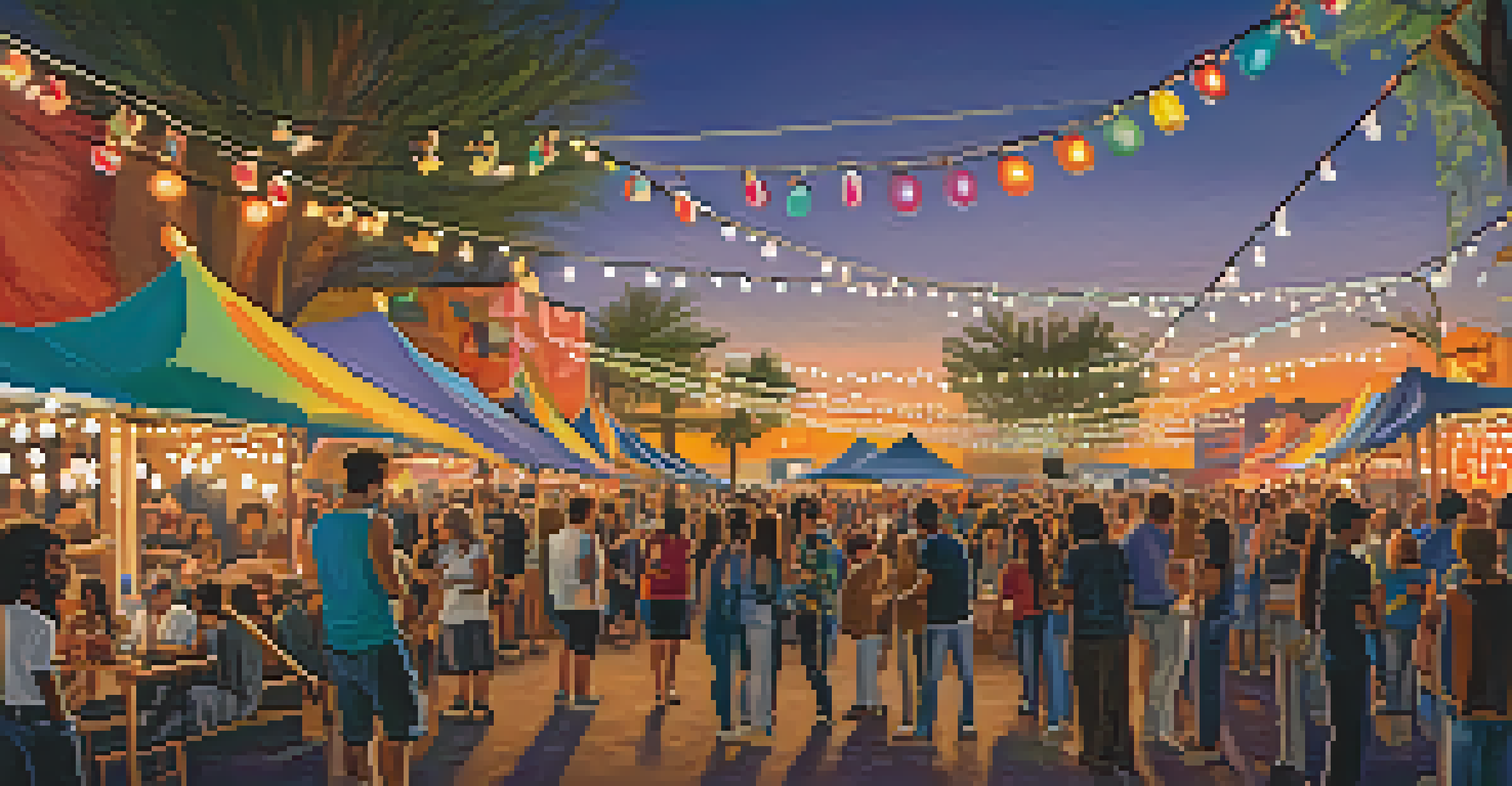 An outdoor art festival in Phoenix during sunset, featuring artists creating live murals and diverse crowds enjoying the vibrant atmosphere.