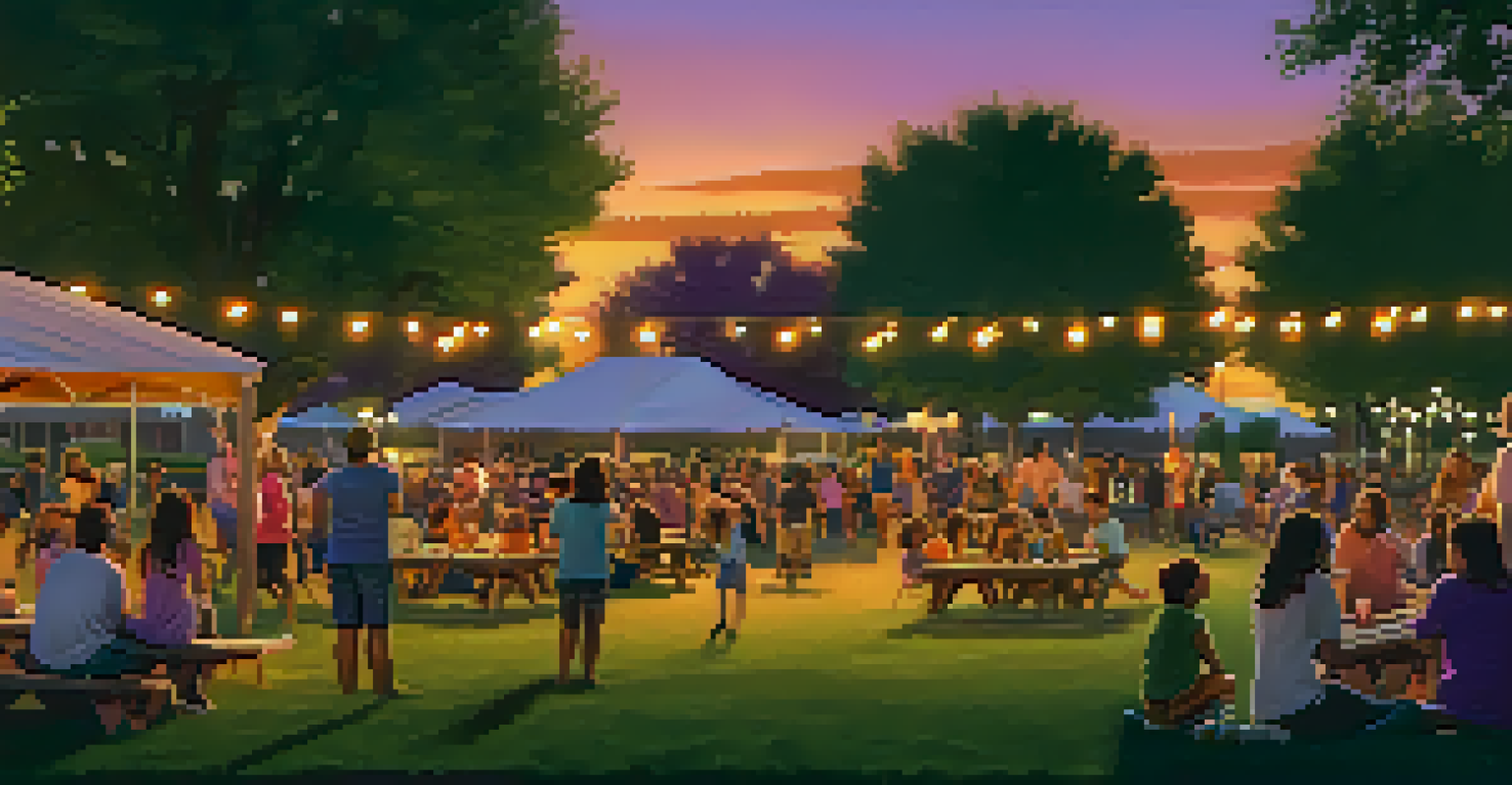 A community gathering in a Phoenix park during sunset, with families enjoying picnics and a concert, surrounded by warm colors in the sky.