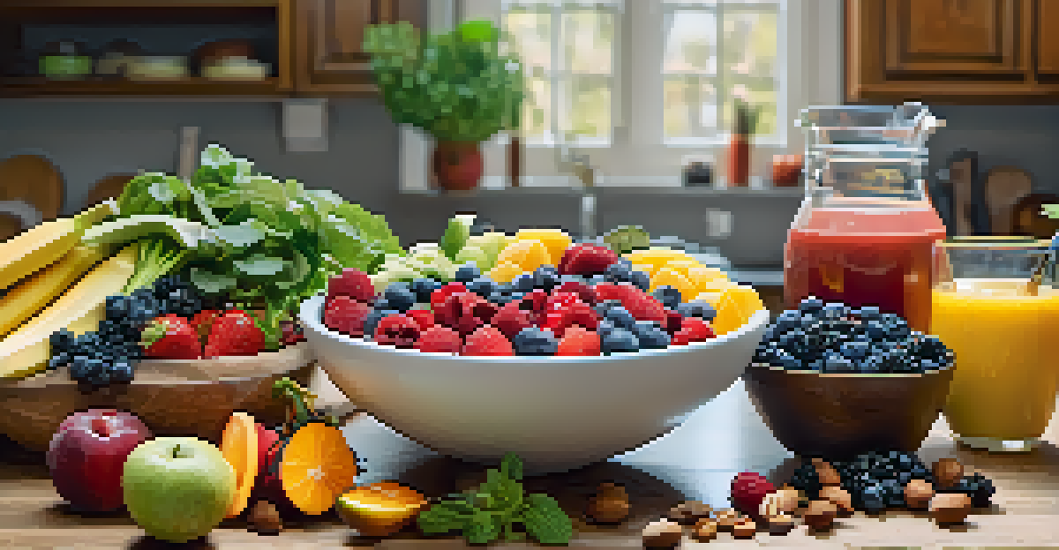 A kitchen counter filled with fresh ingredients for a balanced diet, including fruits and vegetables.