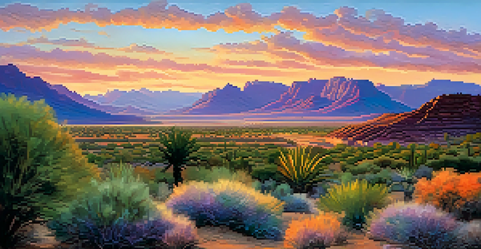 A panoramic view of the Salt River Valley at sunset with vibrant colors and lush greenery along the riverbanks.