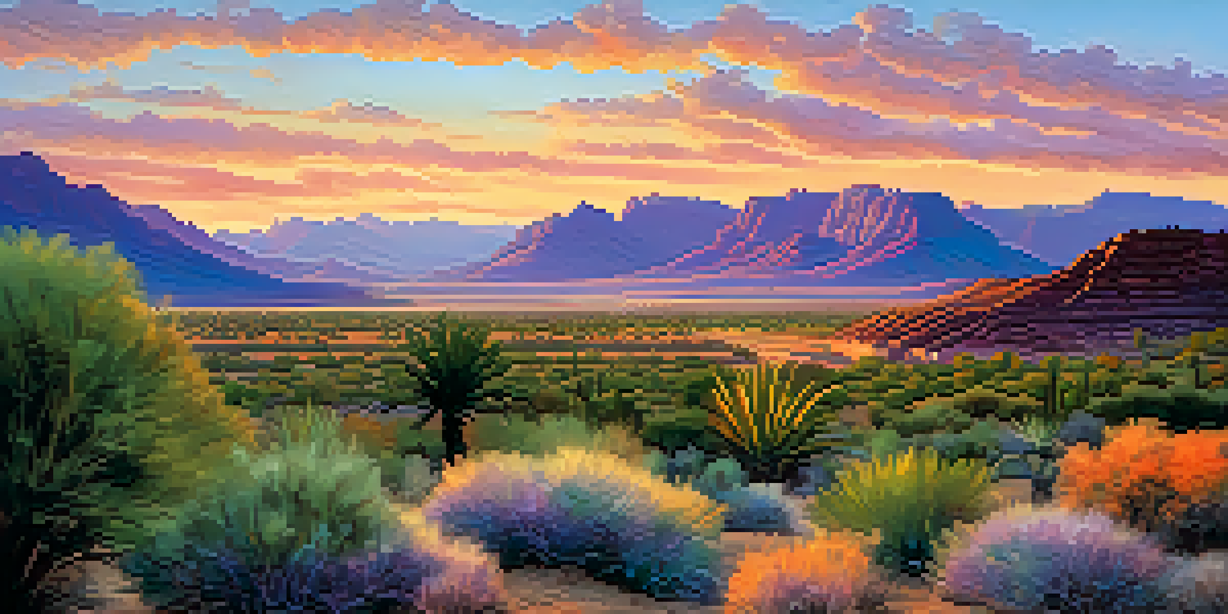 A panoramic view of the Salt River Valley at sunset with vibrant colors and lush greenery along the riverbanks.