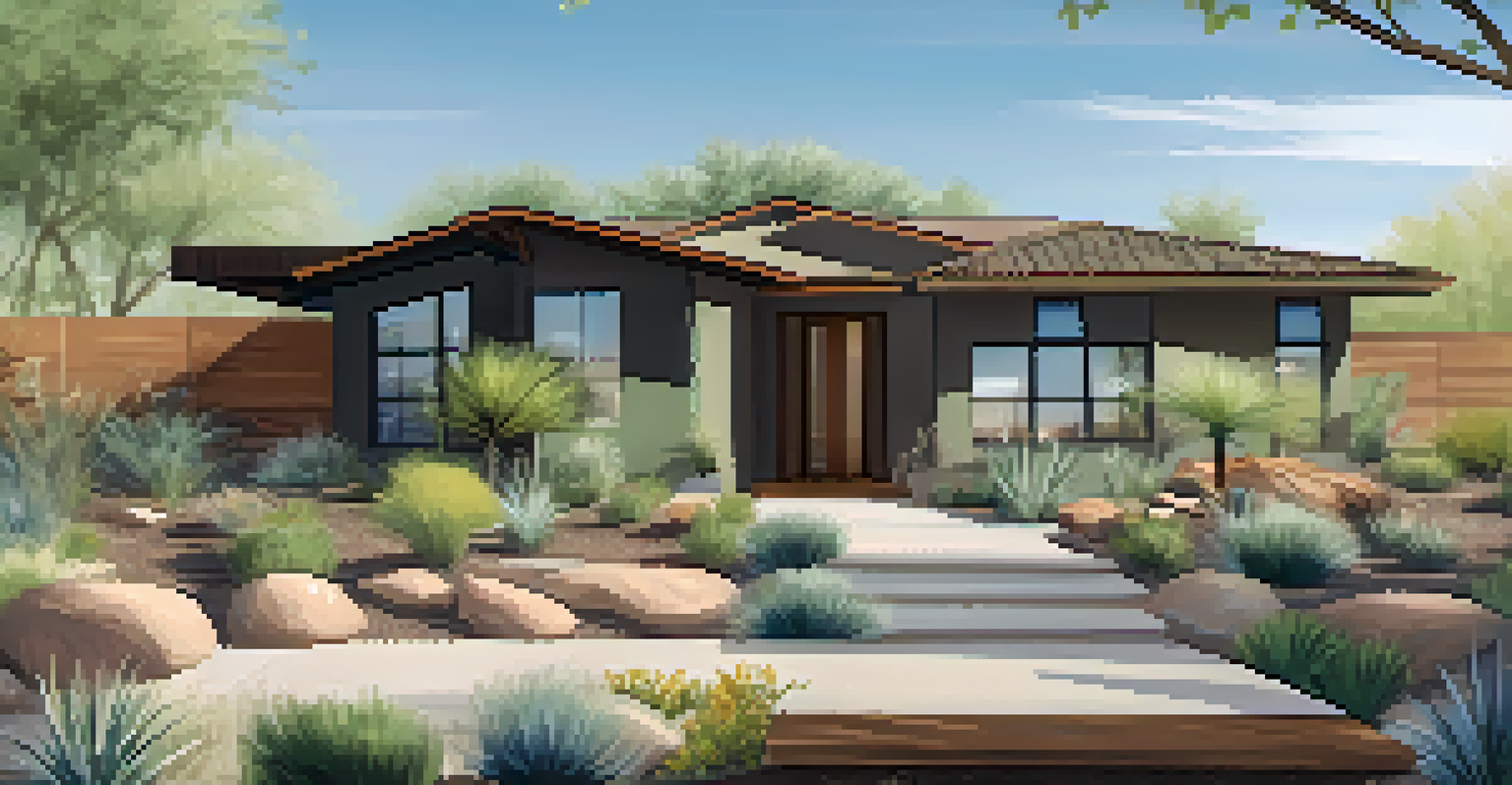 A close-up of an eco-friendly home in Phoenix with sustainable materials and a lush garden.