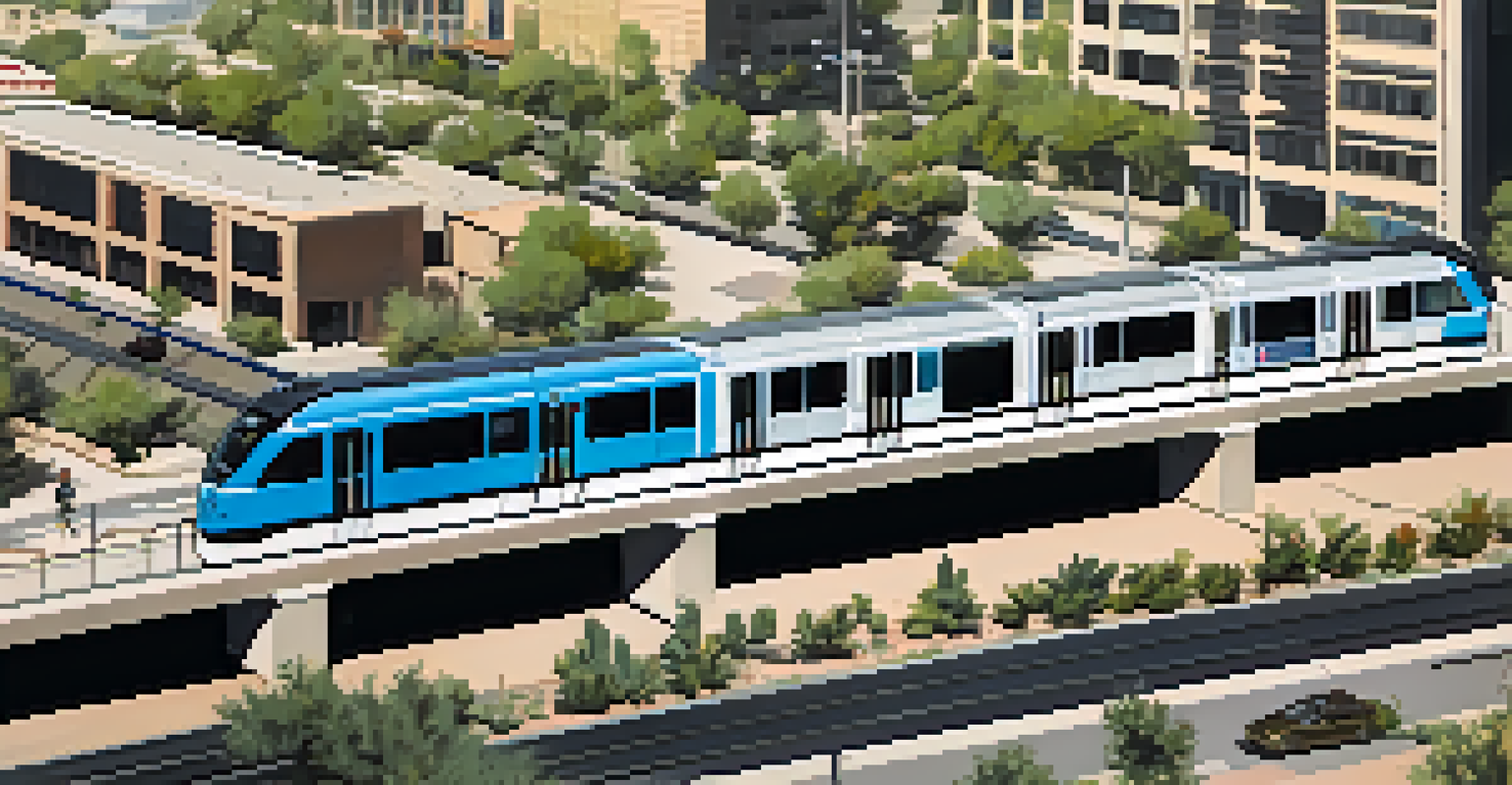 An aerial view of the Metro Light Rail in Phoenix, featuring sleek trains, neighborhoods, and parks under a clear blue sky.