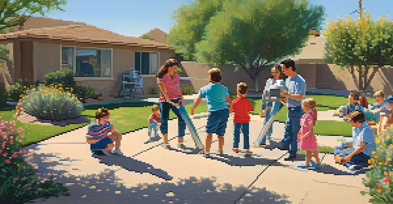A family practicing emergency drills in their backyard, engaged in a fire drill under a sunny sky.