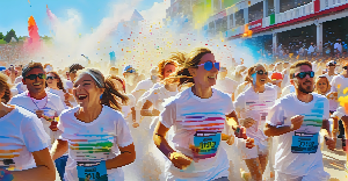 Participants in The Color Run covered in colorful powders, running joyfully in a festive atmosphere.