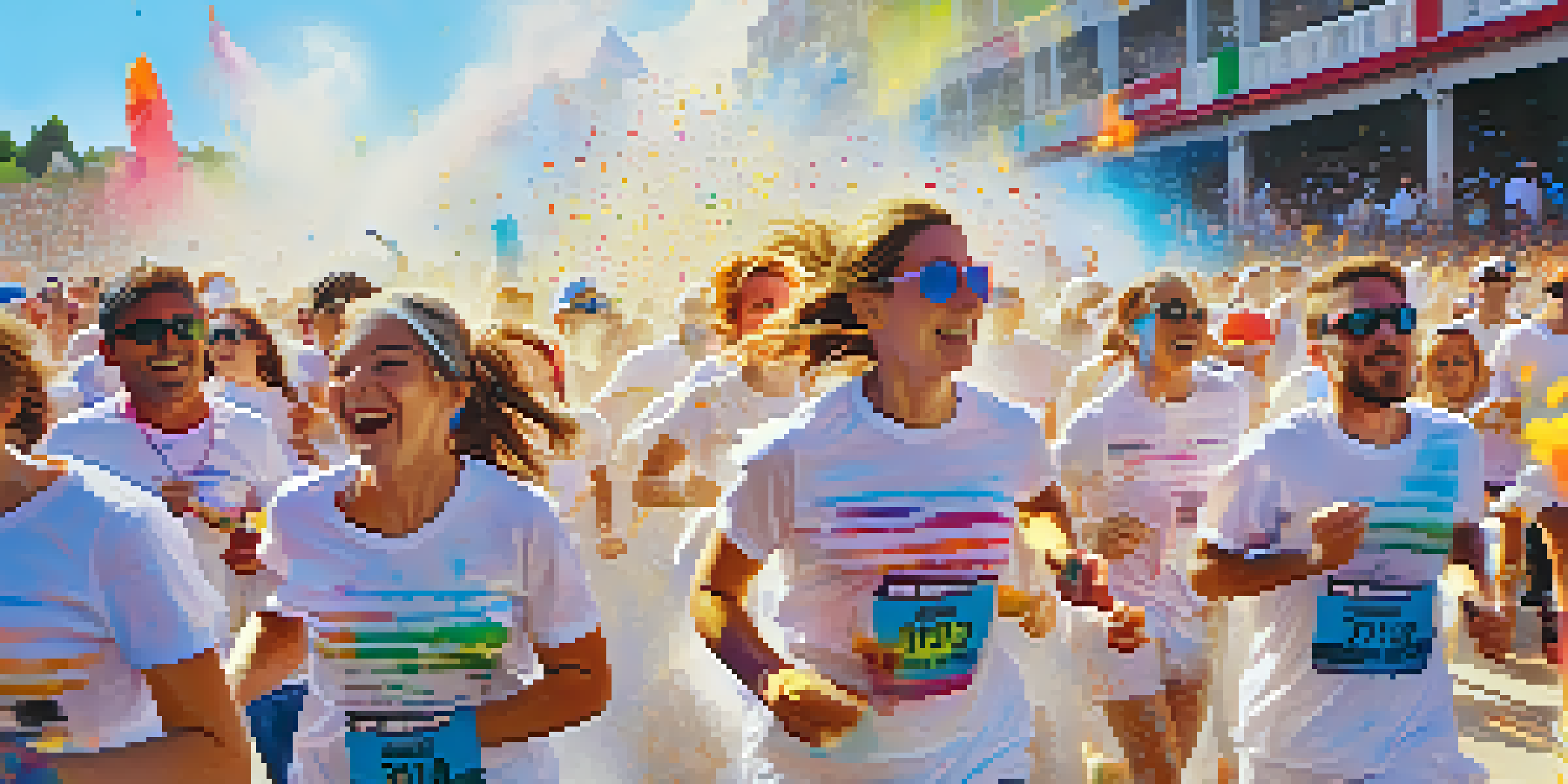 Participants in The Color Run covered in colorful powders, running joyfully in a festive atmosphere.