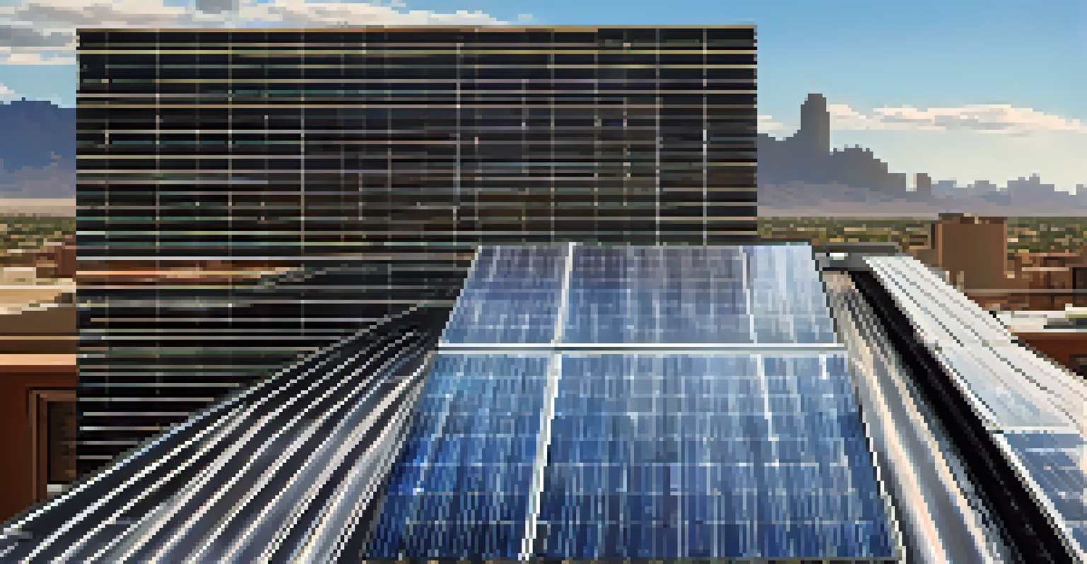 A detailed view of a bifacial solar panel on a rooftop with the Phoenix skyline in the background.