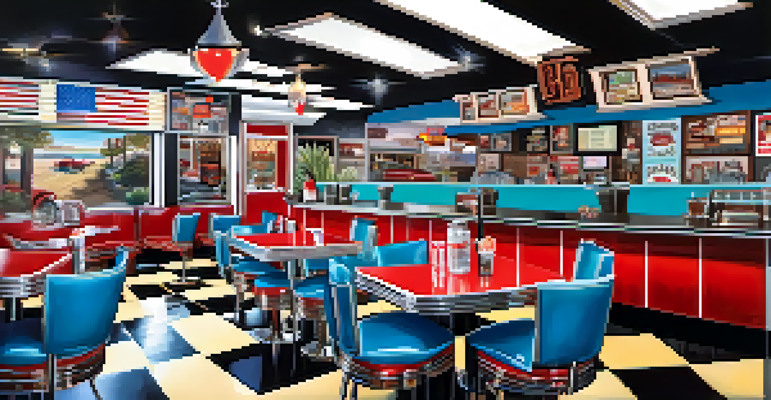 A nostalgic interior of a Route 66 diner, showcasing neon signs, checkered flooring, and patrons enjoying their meals.