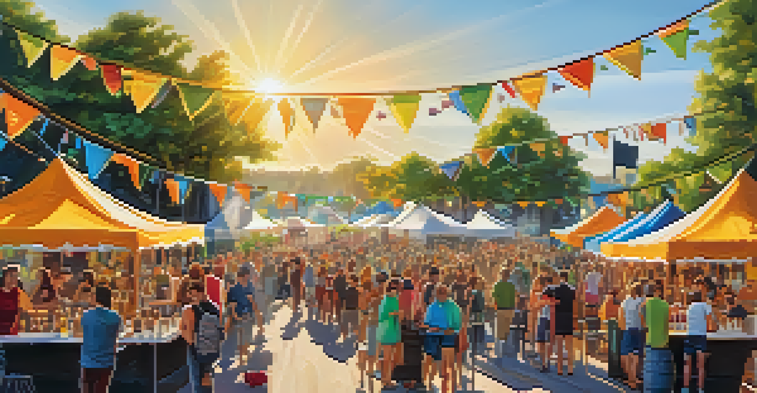A bustling outdoor craft beer festival with colorful tents, people enjoying beer, and food stalls under a sunny sky.