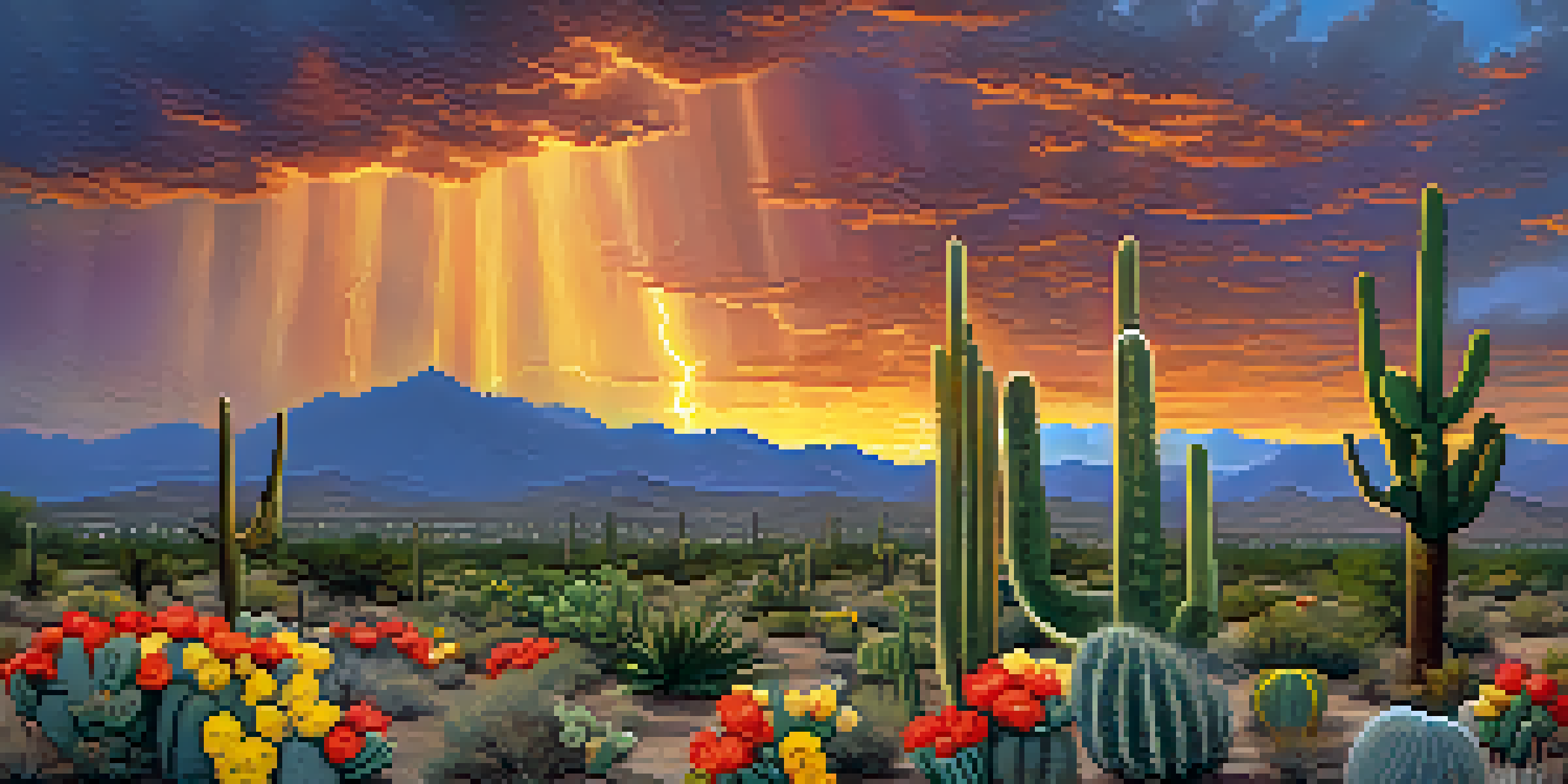 A colorful desert scene in Phoenix during the monsoon season, with blooming cacti and vibrant flowers under dramatic storm clouds.