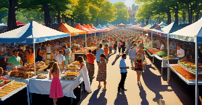 A lively outdoor festival with food stalls, colorful decorations, and people enjoying gourmet dishes under the sunlight.