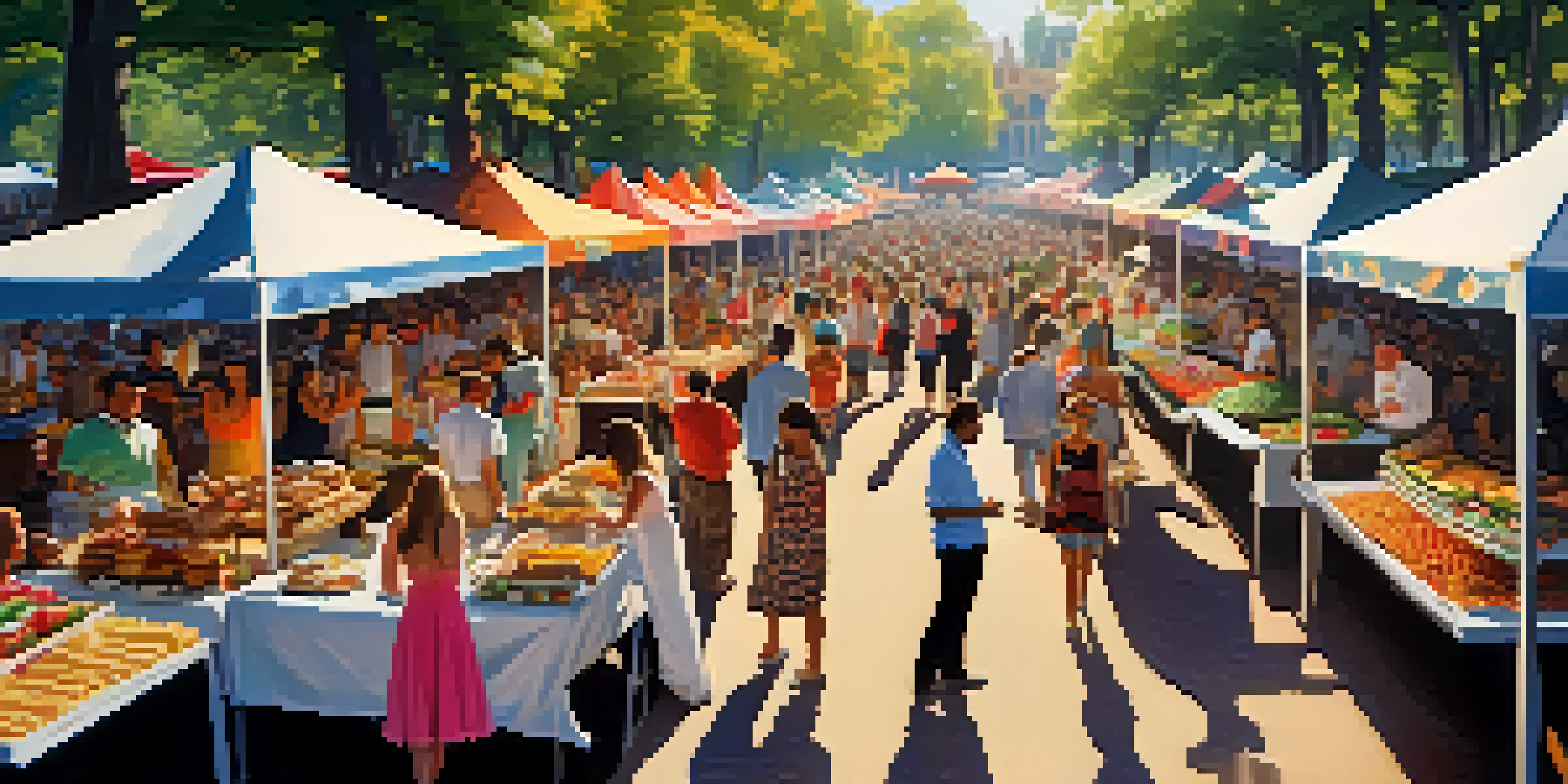 A lively outdoor festival with food stalls, colorful decorations, and people enjoying gourmet dishes under the sunlight.