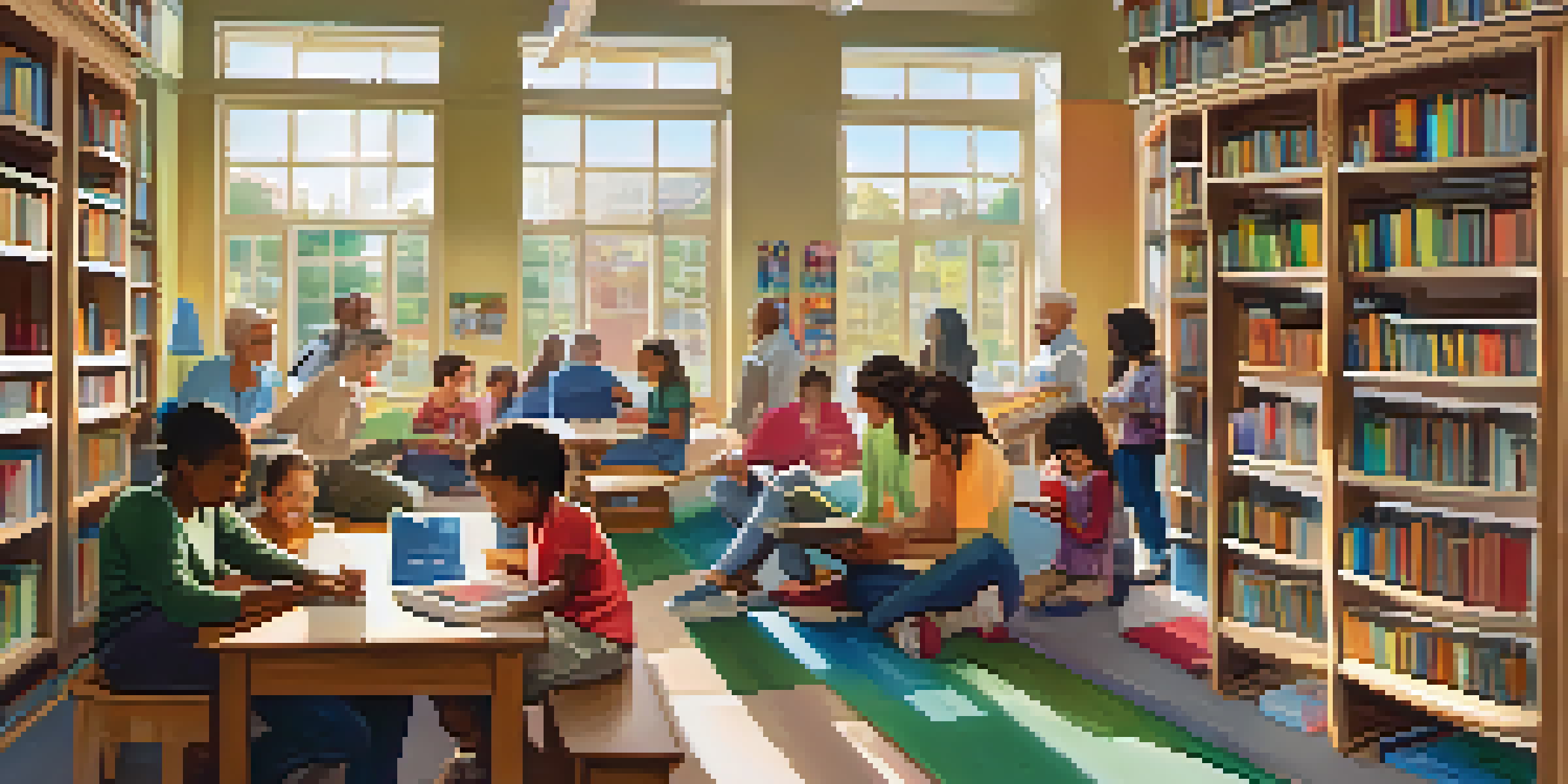 A lively library scene showcasing people of different ages reading, learning, and interacting in a bright, inviting space filled with books and sunlight.